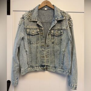 Light Blue Denim Jacket with Pearl Embellishments